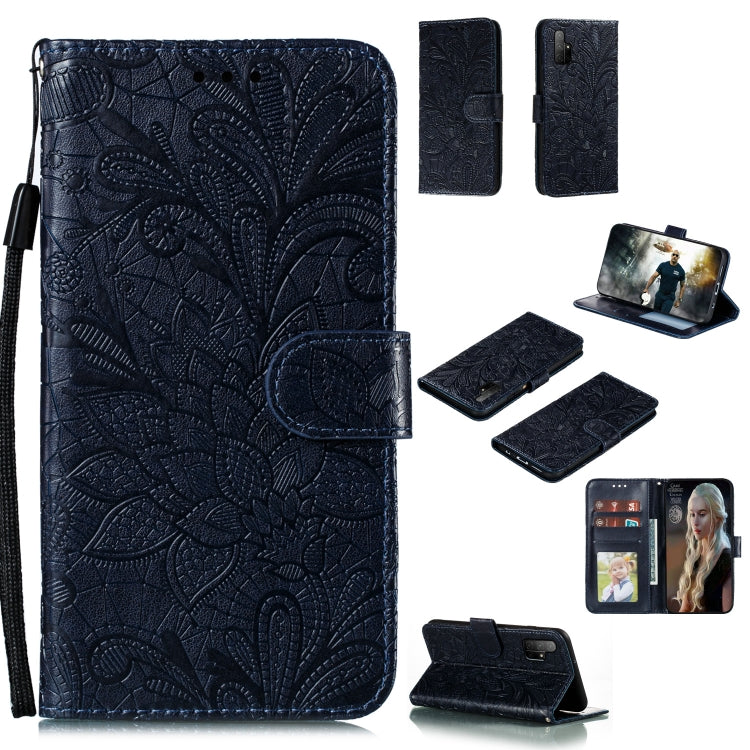 Dark navy lace-embossed leather wallet phone case with flip cover, card slots, lanyard