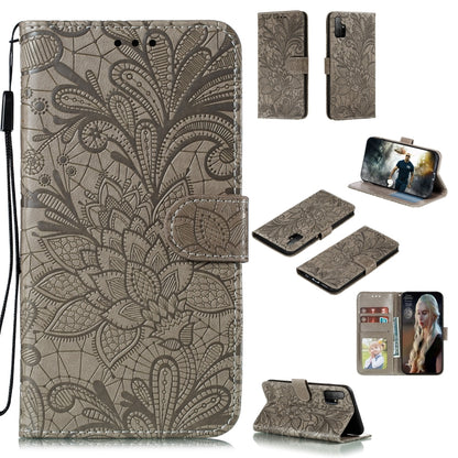 Taupe lace-embossed leather wallet phone case with flip cover, card slots, lanyard