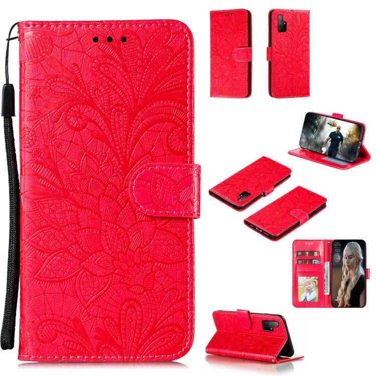 Red lace-embossed leather wallet phone case with flip cover, card slots, lanyard