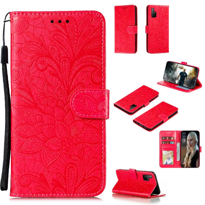 Red lace-embossed leather wallet phone case with flip cover, card slots, lanyard