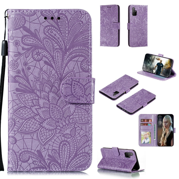 Purple lace-embossed leather wallet phone case with flip cover, photo window, lanyard