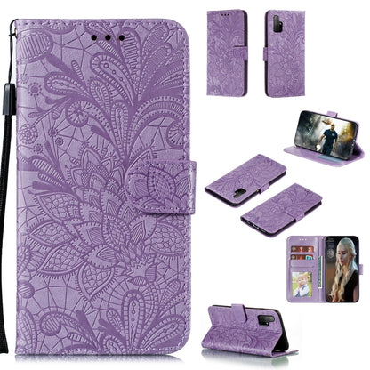 Purple lace-embossed leather wallet phone case with flip cover, photo window, lanyard