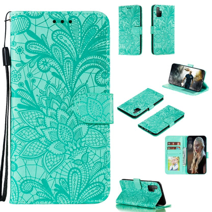 Teal lace-embossed leather wallet phone case with flip cover, photo window, lanyard