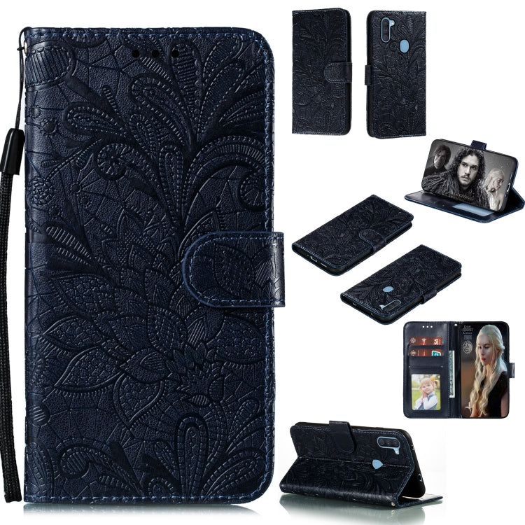 Dark navy lace-embossed leather wallet phone case with flip cover, photo window, lanyard