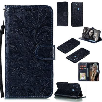 Dark navy lace-embossed leather wallet phone case with flip cover, photo window, lanyard