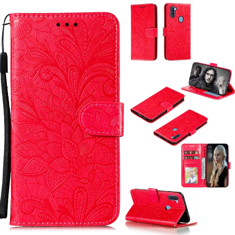 Red embossed lace floral wallet phone case with flip cover, card slots, and lanyard
