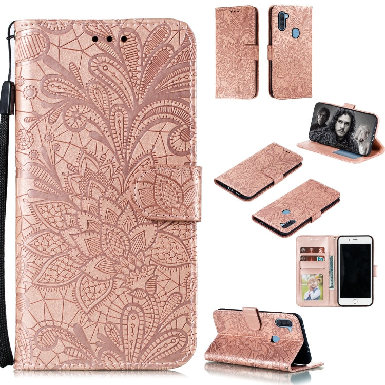 Rose gold embossed lace floral wallet phone case with flip cover, card slots, and lanyard