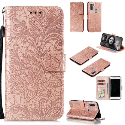 Rose gold embossed lace floral wallet phone case with flip cover, card slots, and lanyard