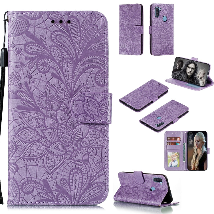 Purple embossed lace floral wallet phone case with flip cover, card slots, and lanyard