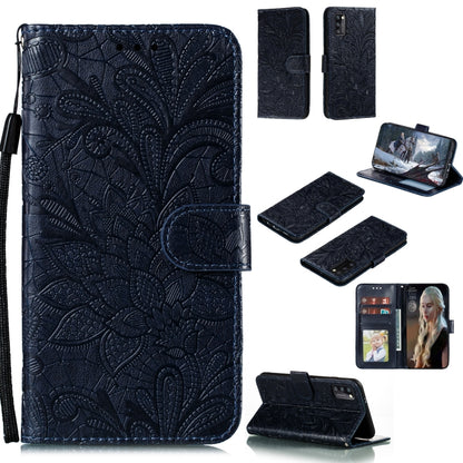 Navy embossed lace floral wallet phone case with flip cover, card slots, and lanyard
