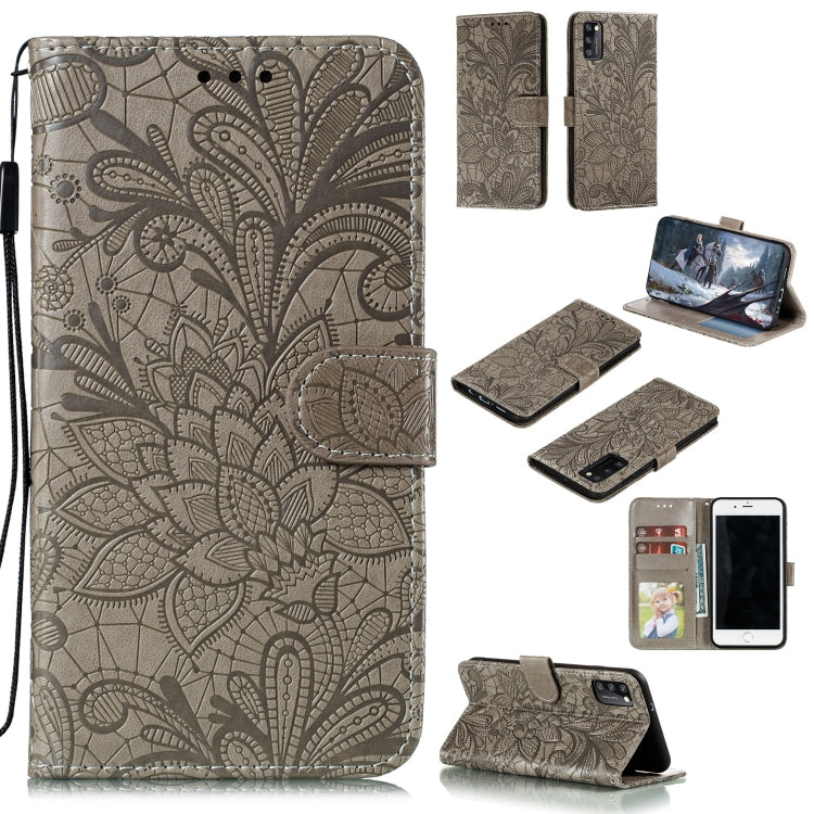 Brown embossed lace floral wallet phone case with flip cover, card slots, and lanyard