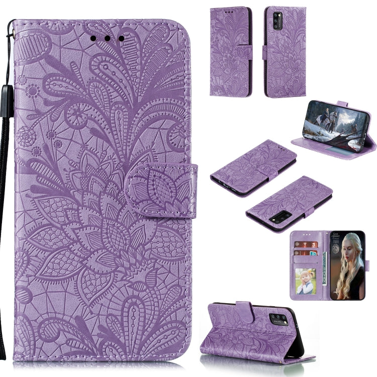 Purple embossed lace floral wallet phone case with flip cover and card holder windows