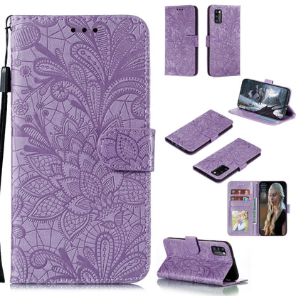 Purple embossed lace floral wallet phone case with flip cover and card holder windows