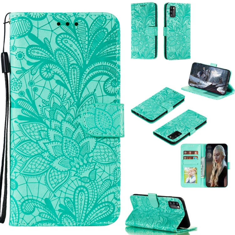 Turquoise embossed lace floral wallet phone case with flip cover and card holder windows