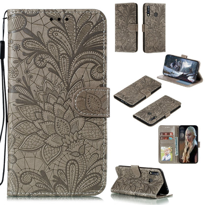 Beige embossed lace flower leather phone wallet case with card slots and lanyard strap