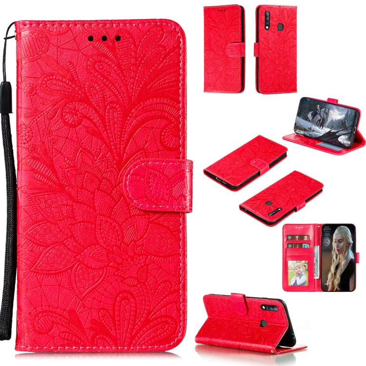 Red embossed lace flower leather phone wallet case with card slots and lanyard strap