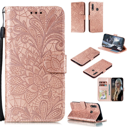Rose gold embossed lace flower leather phone wallet case with card slots and lanyard strap