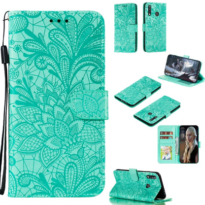 Green embossed lace flower leather phone wallet case with card slots and lanyard strap