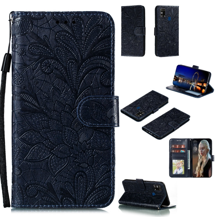 Dark blue embossed floral leather wallet case with flip cover, lanyard loop, card slots