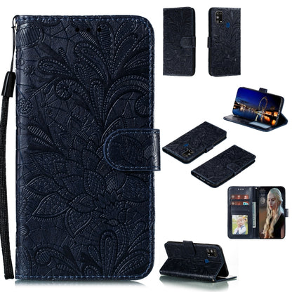 Dark blue embossed floral leather wallet case with flip cover, lanyard loop, card slots