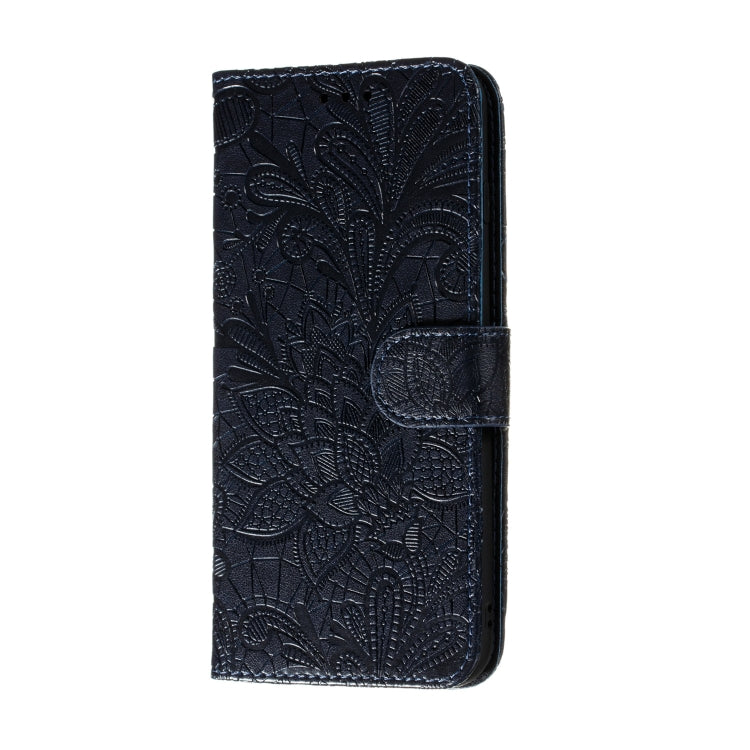 Dark blue embossed floral leather flip wallet case with front buckle strap