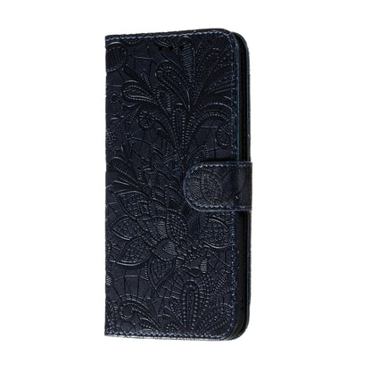 Dark blue embossed floral leather flip wallet case with front buckle strap