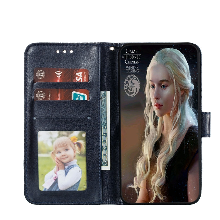 Dark blue leather wallet case open view with card holders and photo display window