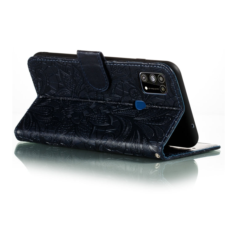 Dark blue embossed floral leather flip wallet case with kickstand stand and side phone access