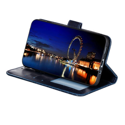 Dark blue embossed floral leather wallet case with phone screen covered and flip stand