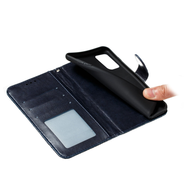 Dark blue leather wallet interior with card slot window and strap loop hardware