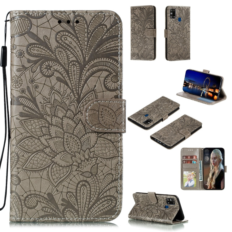 Gray embossed floral leather wallet case with flip cover, lanyard loop, and card slots