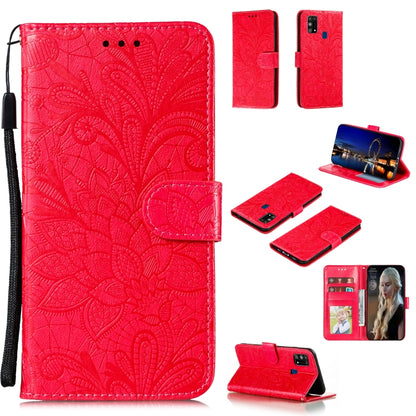 Red embossed floral leather wallet case with flip cover, lanyard loop, and card slots