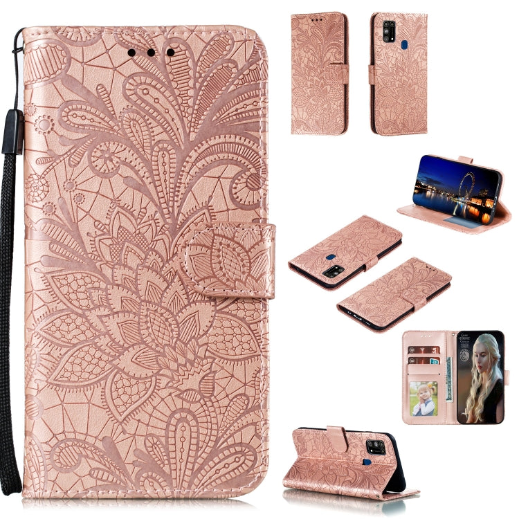 Rose gold embossed floral leather wallet case with flip cover, lanyard loop, and card slots