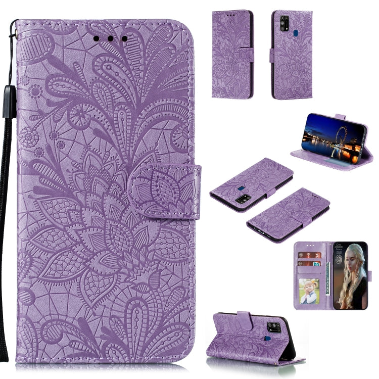 Purple embossed lace floral wallet phone case with flip cover, card slots, lanyard strap