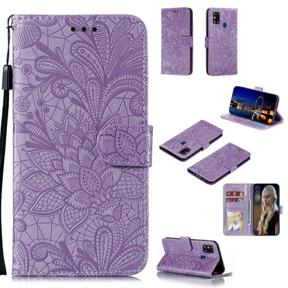 Purple embossed lace floral wallet phone case with flip cover, card slots, lanyard strap