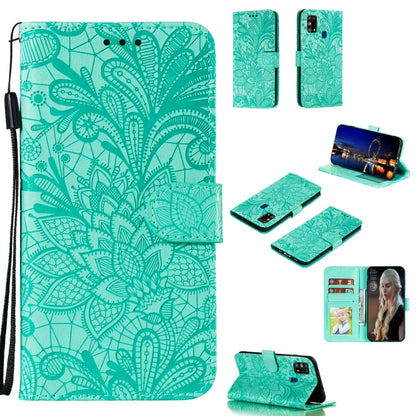 Teal embossed lace floral wallet phone case with flip cover, card slots, lanyard strap