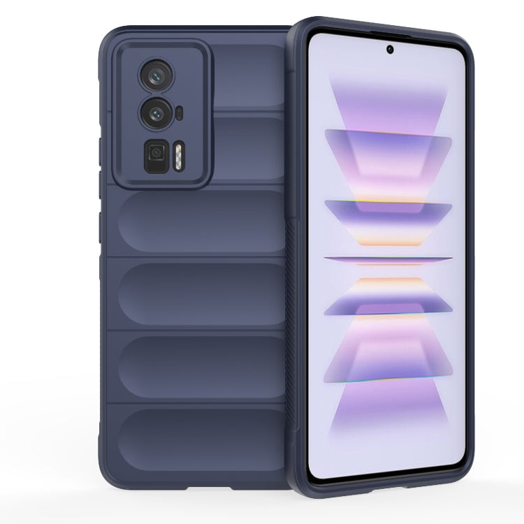 Dark blue TPU flannel phone case with camera cutouts and raised edge for screen protection