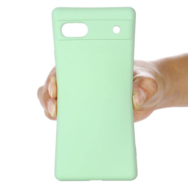Shockproof liquid silicone phone case for Google Pixel 7a, mint green with side grip
