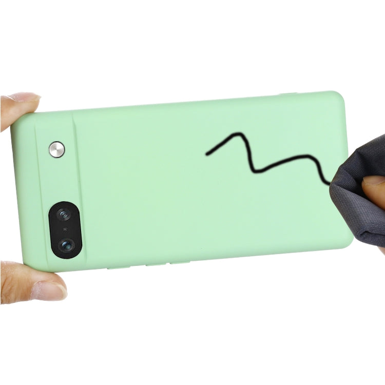 Shockproof liquid silicone phone case for Google Pixel 7a, mint green back with buttons