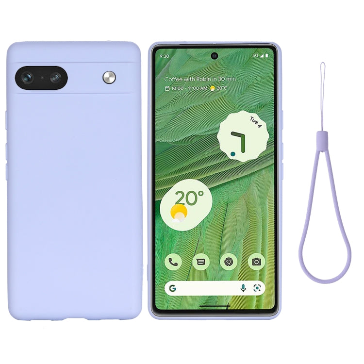 Shockproof liquid silicone phone case for Google Pixel 7a, light purple, camera cutout