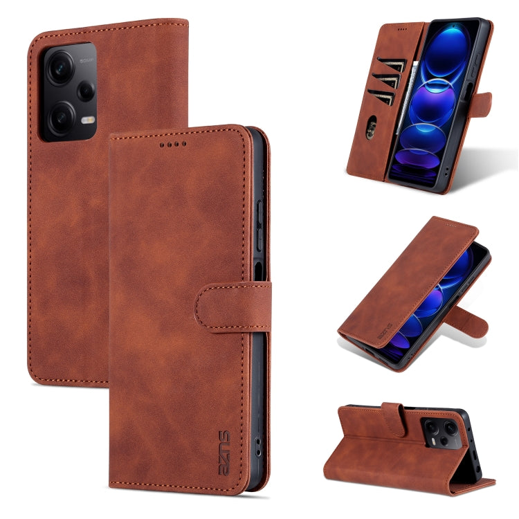 Brown leather flip phone case with stitched card pocket and magnetic flap