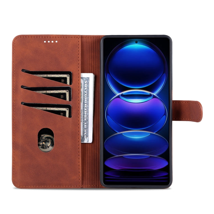 Brown leather flip phone case opened: card slots and stand support