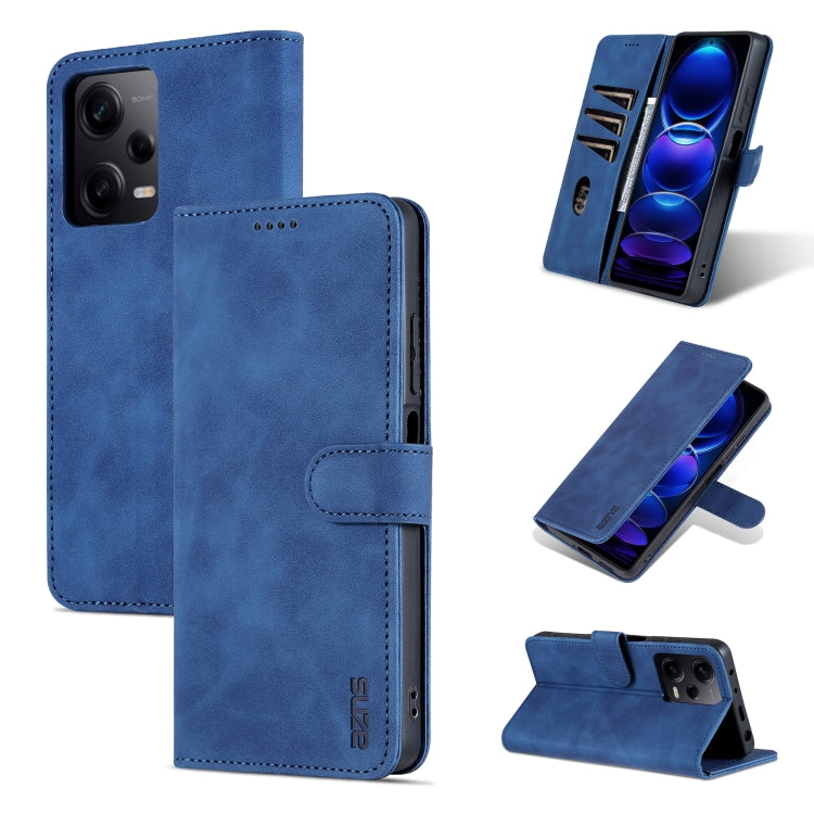 Blue leather flip phone case with stitched folio cover and camera cutout