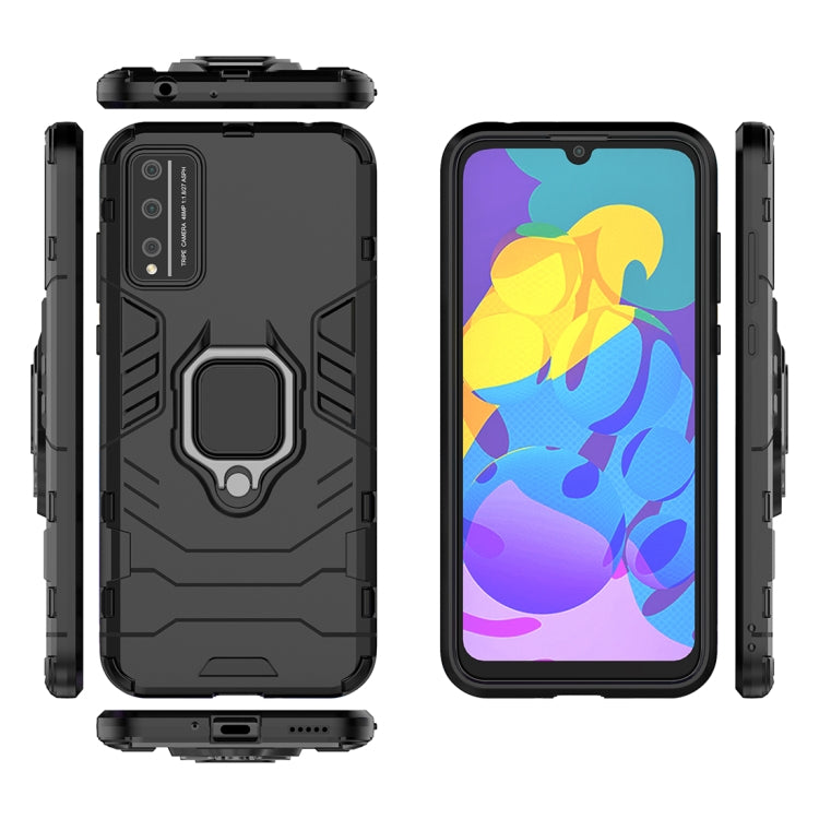 Rugged black protective phone case with magnetic ring holder, side buttons, and camera cutout.