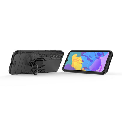 Rugged black phone case with magnetic ring holder, showing back and front screen cover.