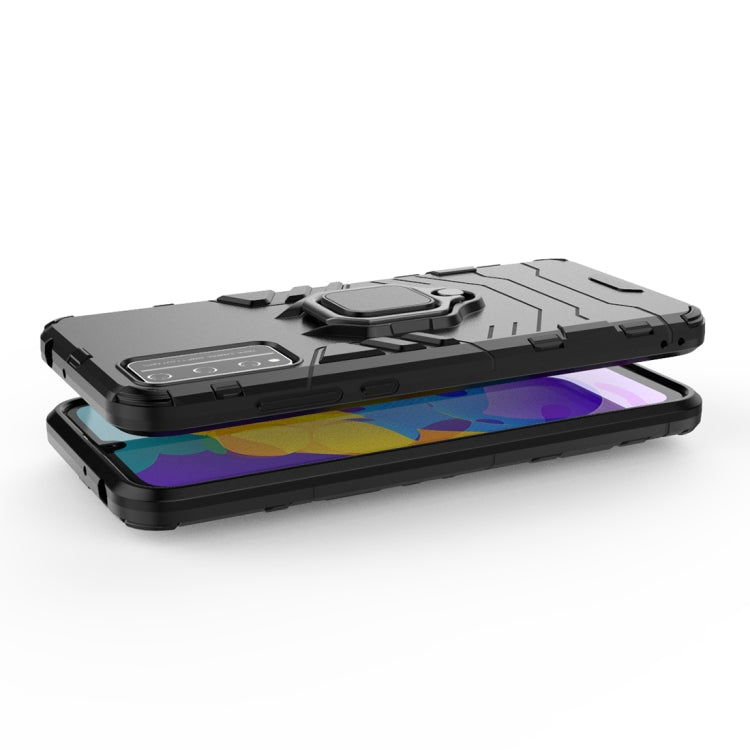 Rugged black phone case with magnetic ring holder and bumper-style edge protection.