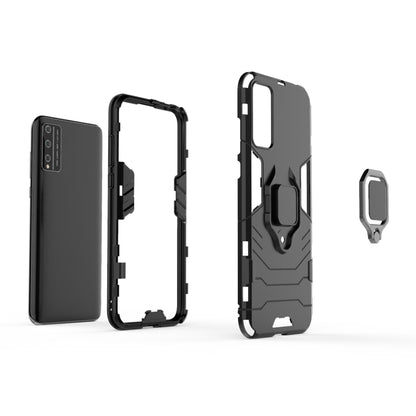 Rugged black phone case with magnetic ring holder; open design with port and button cutouts.