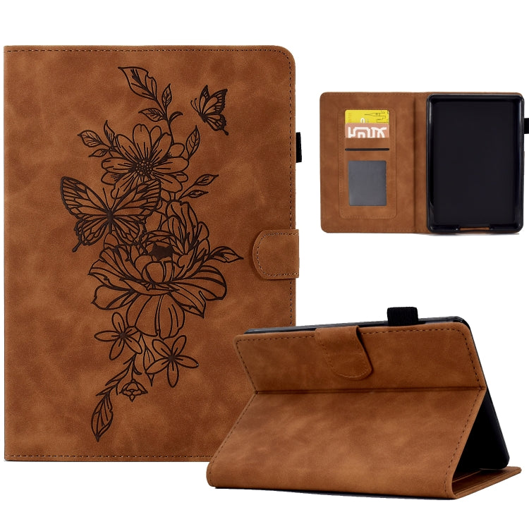 Brown embossed leather tablet case with floral butterfly design, fold stand and inner cover