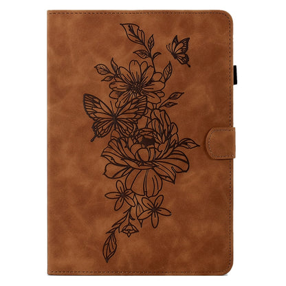 Brown embossed leather tablet case with floral butterfly engraving and corner snap