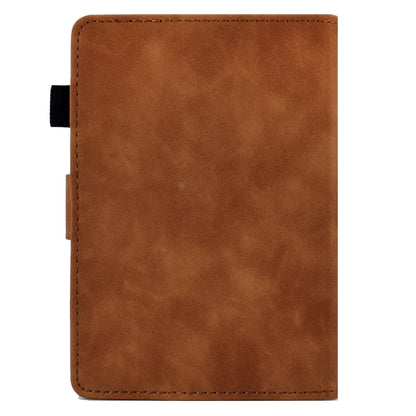 Brown leather tablet case back panel with stitched edges and opening for device